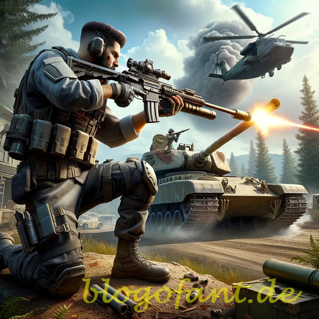 Photo-styled-image-of-a-Call-of-Duty-Mobile-character-aiming-a-rocket-launcher-at-an-enemy-tank-on-a-battlefield