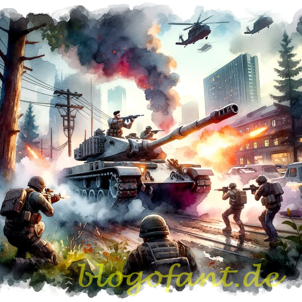DALL·E 2023 10 20 10.29.26 Watercolor painting of an intense Call of Duty Mobile gameplay moment highlighting the confrontation between players and a tank