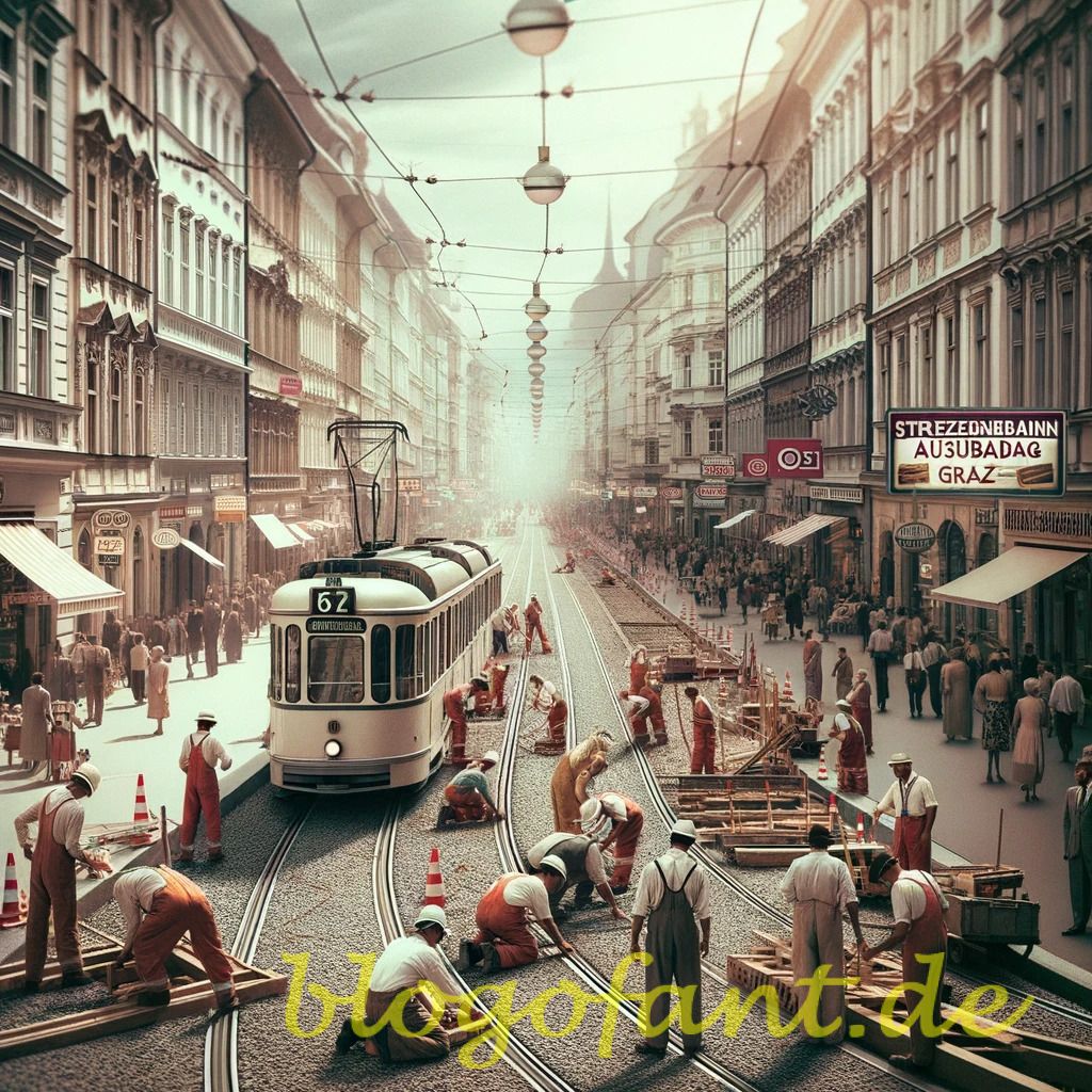 DALL·E 2023 10 20 10.33.23 Photo styled image of a bustling Graz street scene with workers laying down new tram tracks and a sign indicating Strassenbahnausbau Graz