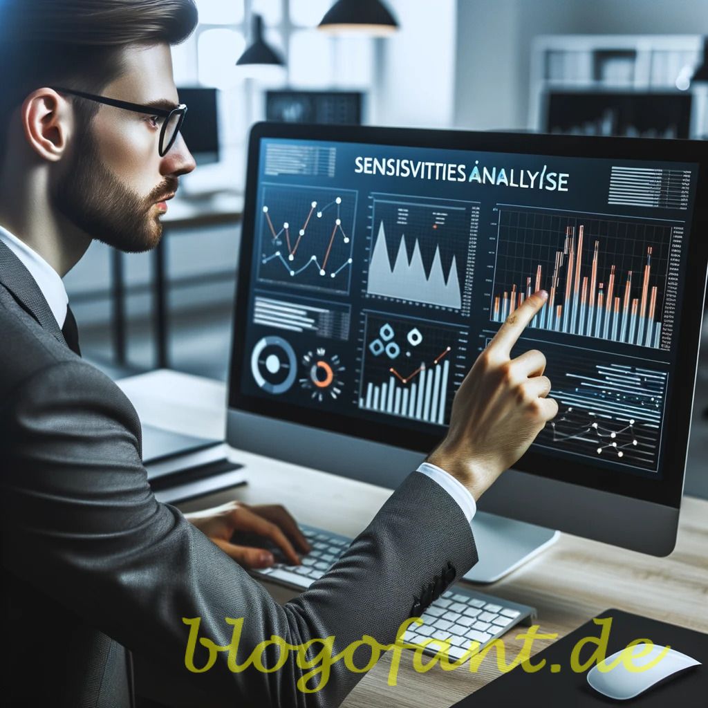DALL·E 2023 10 20 10.35.31 Photo styled image of a business professional analyzing data charts labeled Sensitivitaetsanalyse on a computer screen in a risk management setting