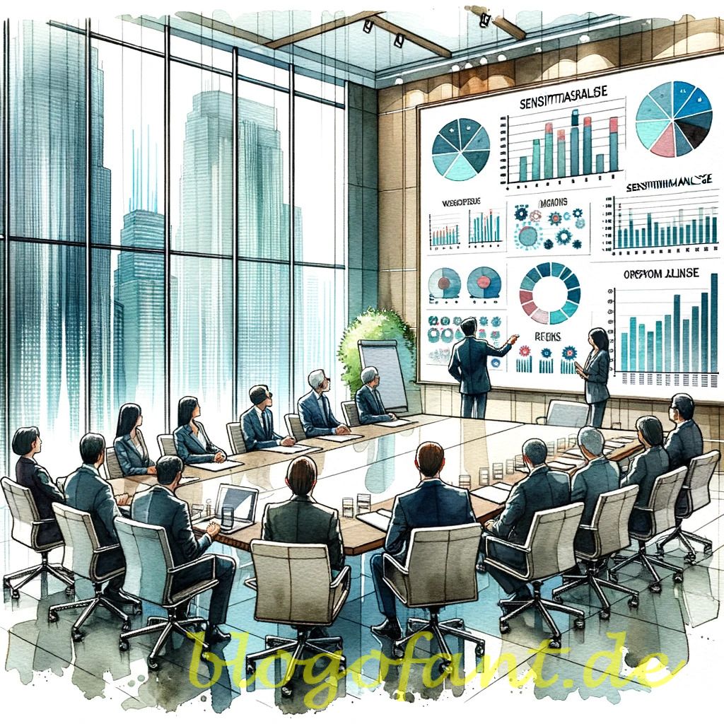 DALL·E 2023 10 20 10.35.44 Watercolor painting of a corporate meeting room where executives discuss findings from a Sensitivitaetsanalyse for risk assessment