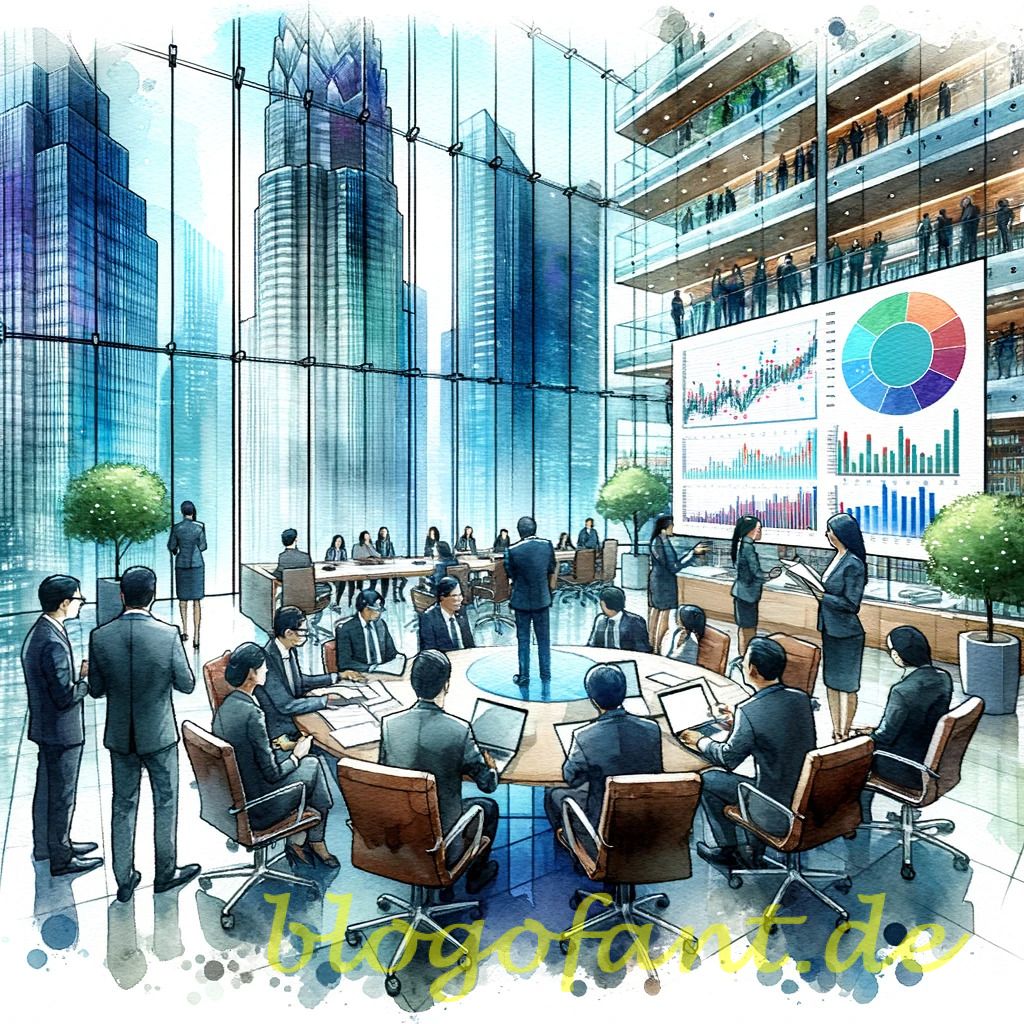 DALL·E 2023 10 20 10.37.43 Watercolor painting of a corporate environment with professionals engaged in discussions and analyses concerning the rating of default and credit ris