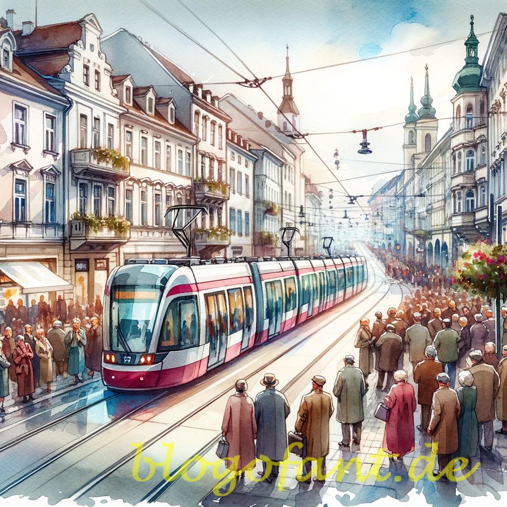 DALL·E 2023 10 20 10.39.57 Watercolor painting of a bustling street in Graz with new trams passing by and citizens cheering for the expansion of the citys tram fleet