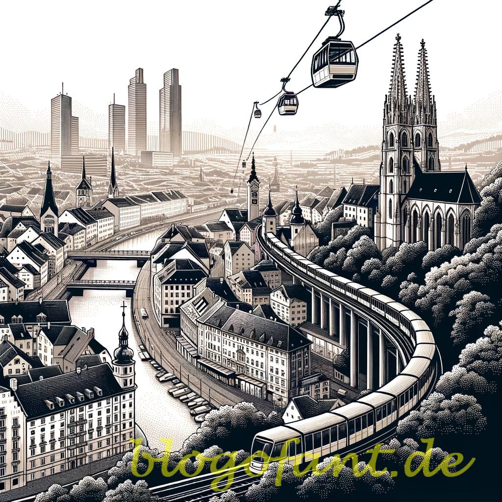 DALL·E 2023 10 20 10.49.09 Vector image of Grazs skyline emphasizing the addition of Seilbahnen showcasing a blend of historic charm and modern transportation innovation