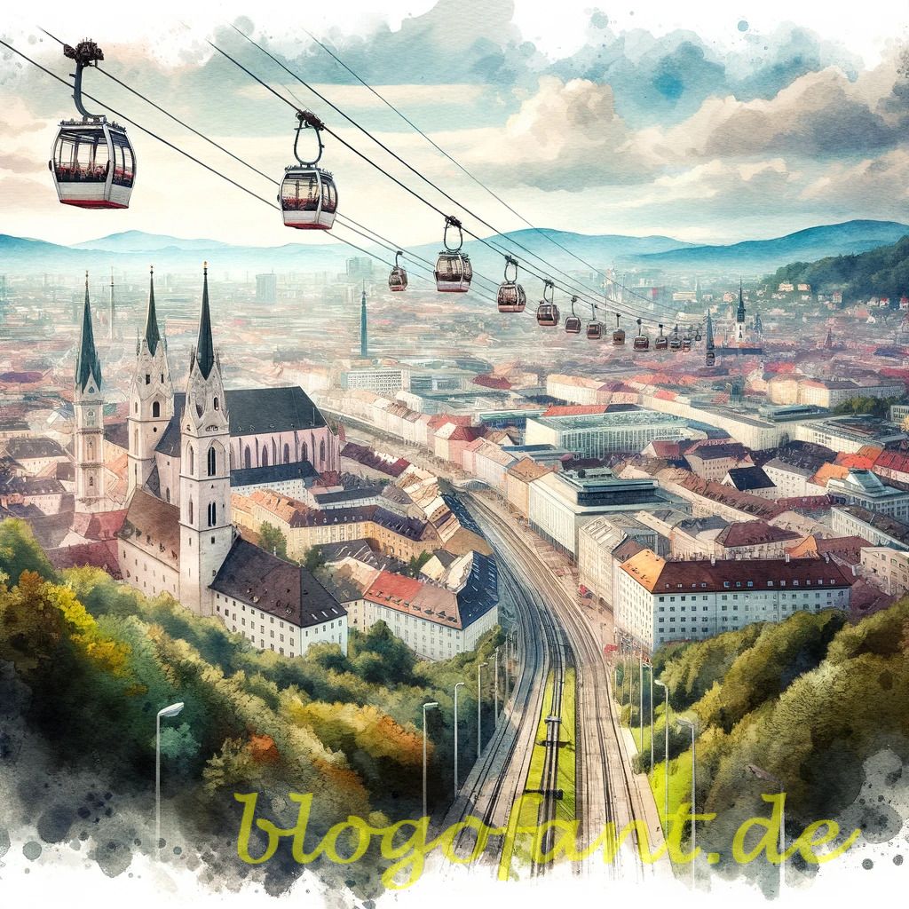 DALL·E 2023 10 20 10.49.13 Watercolor painting of a panoramic view of Graz where Seilbahnen are prominent moving above the city streets and past notable landmarks