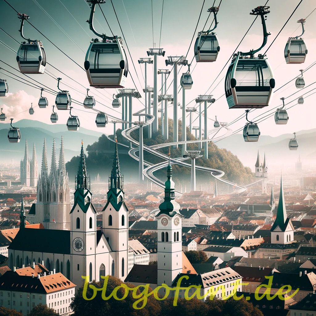 DALL·E 2023 10 20 10.49.15 Photo of a modern cityscape with multiple cable cars Seilbahnen crisscrossing the sky with Grazs iconic landmarks in the backdrop symbolizing the