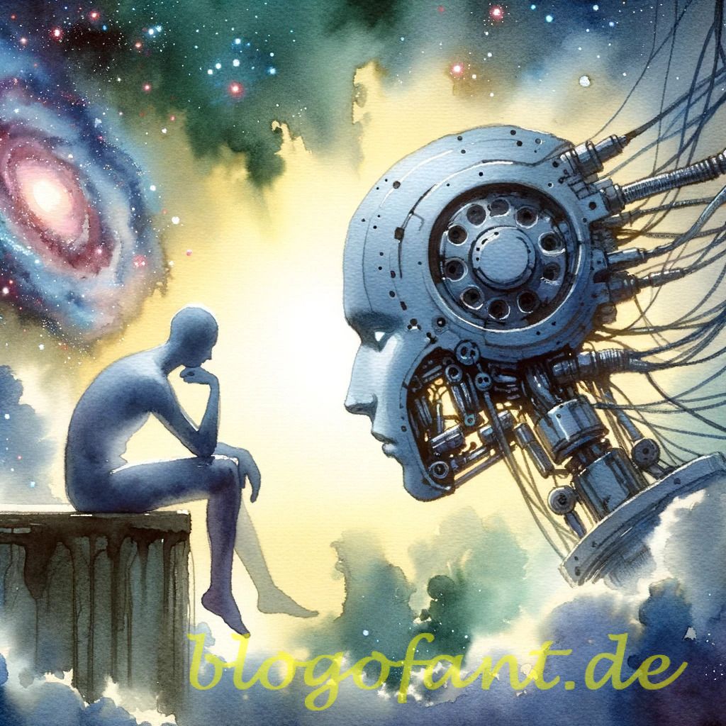 DALL·E 2023 10 20 10.52.05 Watercolor painting of a contemplative human figure facing a machine highlighting the emotional and ethical challenges of machines making life alteri