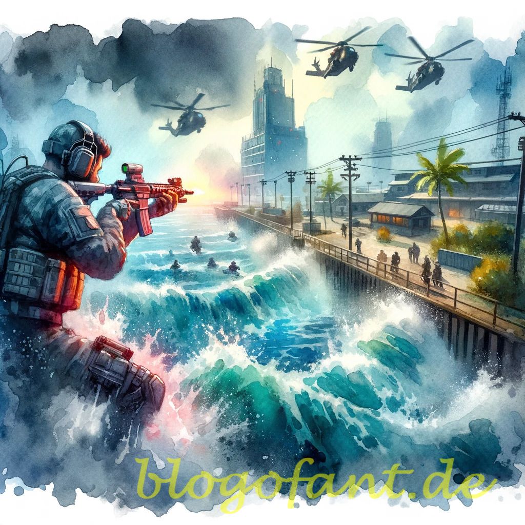 DALL·E 2023 10 20 11.42.10 Watercolor painting of an intense Call of Duty Mobile match focusing on the water based safezone and the challenges it poses to players