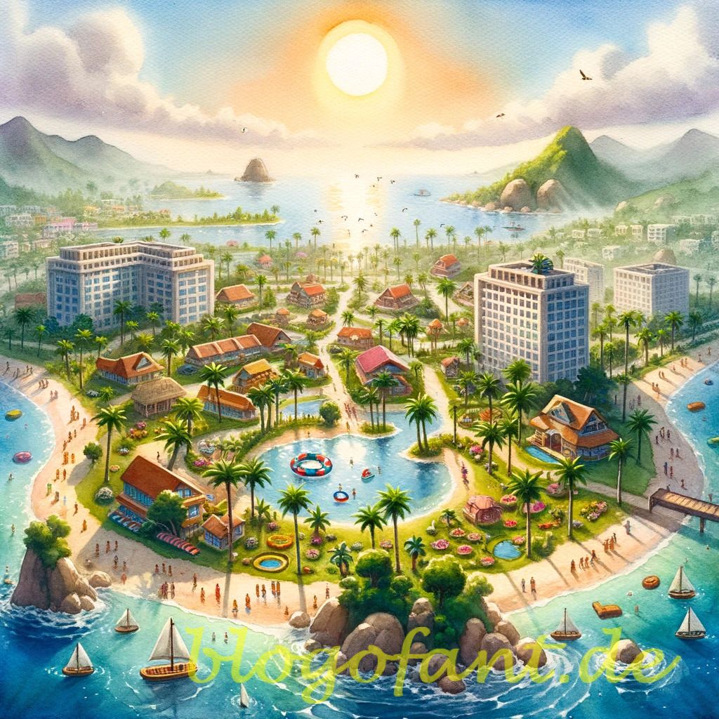 DALL·E 2023 10 20 10.53.08 Watercolor painting capturing the essence of the Tropico Mobile game depicting a sunlit island beach resorts and the animated life of Tropicos c