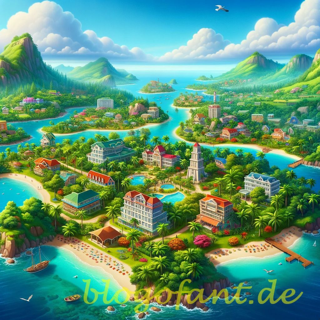 DALL·E 2023 10 20 10.53.09 Illustration of a vibrant tropical island from the game Tropico Mobile showcasing lush landscapes buildings and the signature Tropico aesthetics