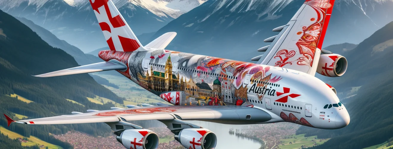 DALL·E 2024 02 05 22.24.34 A realistic Airbus A380 airplane flying between Graz and Vienna with a creative and unique livery design. The livery is a blend of Austrian cultural
