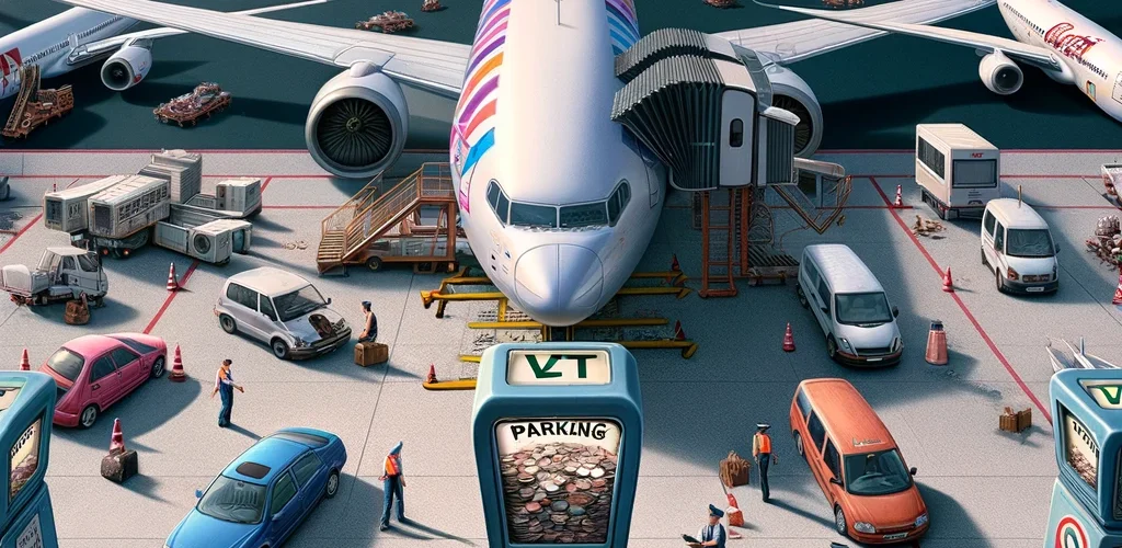 DALL·E 2024 02 06 12.44.53 An imaginative airport scene depicting planes parked at gates and on the tarmac each displaying a large colorful parking ticket on their cockpit win