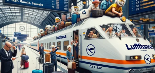 DALL·E 2024 02 08 15.59.13 A whimsical and satirical scene at a German train station where a traditional ICE train is humorously branded with Lufthansa airline logos and flight