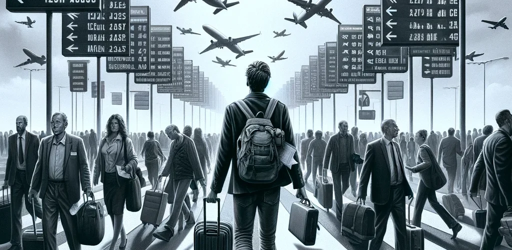 DALL·E 2024 02 08 16.33.16 Auf einem geschaeftigen Flughafen steht ein Reisender sichtlich verwirrt und leicht frustriert inmitten einer Menschenmenge. Er haelt einen Reisefuehre
