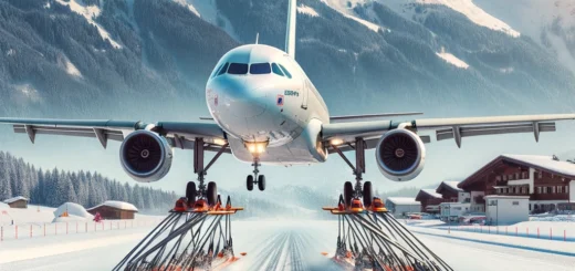 DALL·E 2024 02 13 16.43.19 An Airbus airplane equipped with skis instead of wheels performing a landing on a snowy runway at a picturesque mountain airport reminiscent of Inns