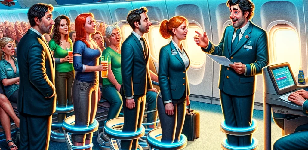 DALL·E 2024 02 13 17.13.30 In a satirical and futuristic airport setting a group of passengers is seen checking in for a Steheconomy flight. The passengers showing a mix of