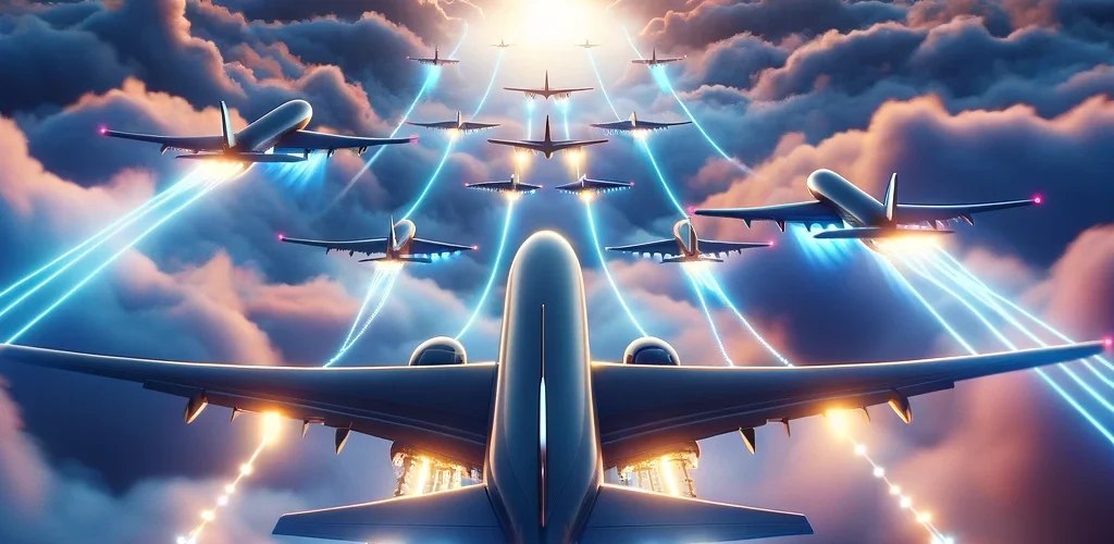 DALL·E 2024 03 21 08.00.03 An awe inspiring and futuristic scene depicting the concept of multiplane traction showcasing a revolutionary moment in the sky. Several airplanes ar