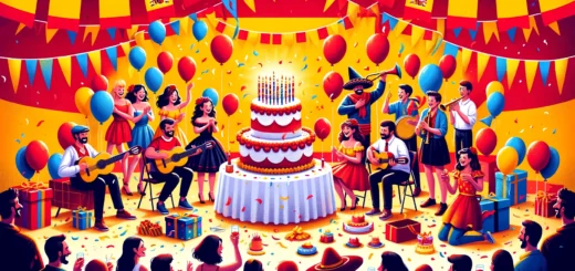 DALL·E 2024 03 06 13.11.40 A vibrant and joyful scene celebrating a birthday in Spain without any words or speech bubbles. The illustration features a group of people gathered a