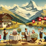 DALL·E 2024 03 06 13.20.24 A charming and picturesque scene illustrating various ways to wish someone a happy birthday in Switzerland. The image features a serene landscape with