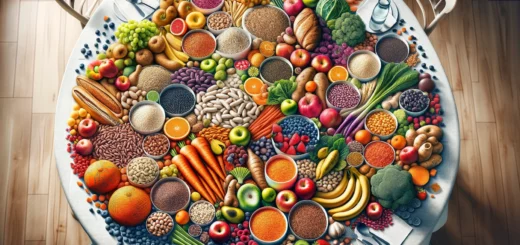 DALL·E 2024 03 06 15.08.49 A colorful and informative visual composition emphasizing healthy and balanced nutrition focusing on carbohydrates without any text or words. The ima