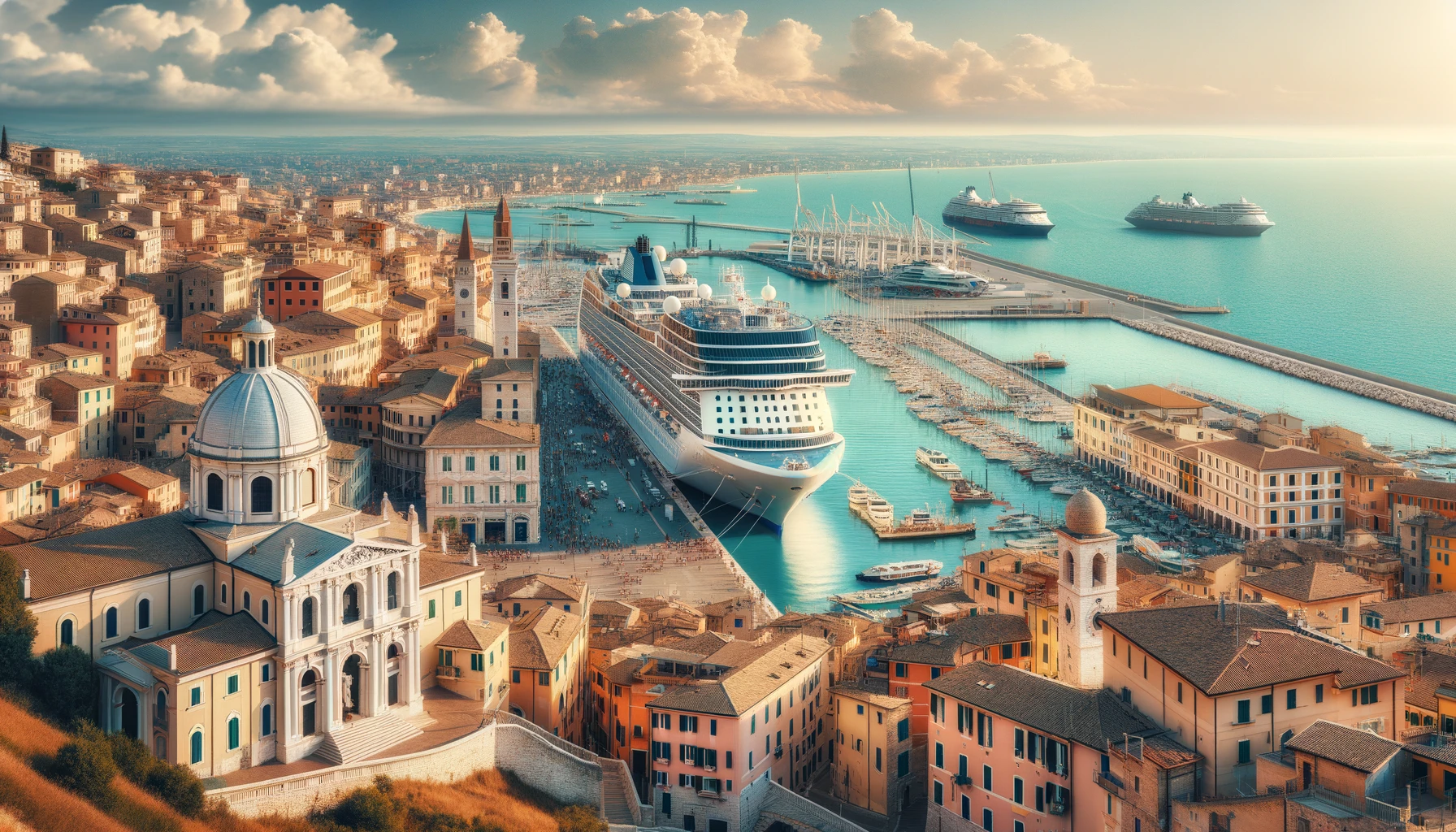 DALL·E 2024 03 20 16.58.03 A beautiful panoramic view of Ancona Italy showcasing the historic cityscape with its ancient buildings the bustling port and the Adriatic Sea in