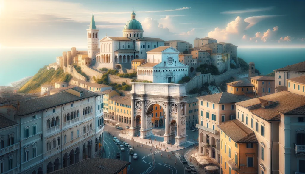 DALL·E 2024 03 20 16.59.02 Create realistic images showcasing the famous landmarks of Ancona Italy. Capture the essence of the citys rich history and cultural heritage through