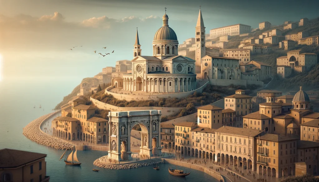 DALL·E 2024 03 20 16.59.05 Create realistic images showcasing the famous landmarks of Ancona Italy. Capture the essence of the citys rich history and cultural heritage through