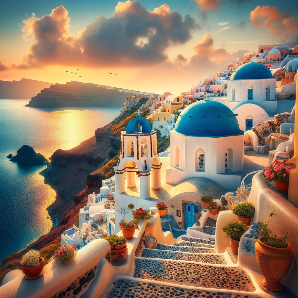 DALL·E 2024 03 21 16.47.41 A serene and picturesque image capturing the essence of A Day in Santorini. The scene showcases the iconic view of Santorini with its blue domed chu