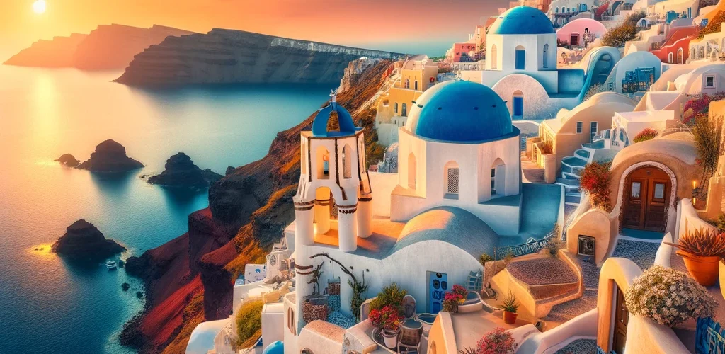 DALL·E 2024 03 21 16.47.43 A serene and picturesque image capturing the essence of A Day in Santorini. The scene showcases the iconic view of Santorini with its blue domed chu