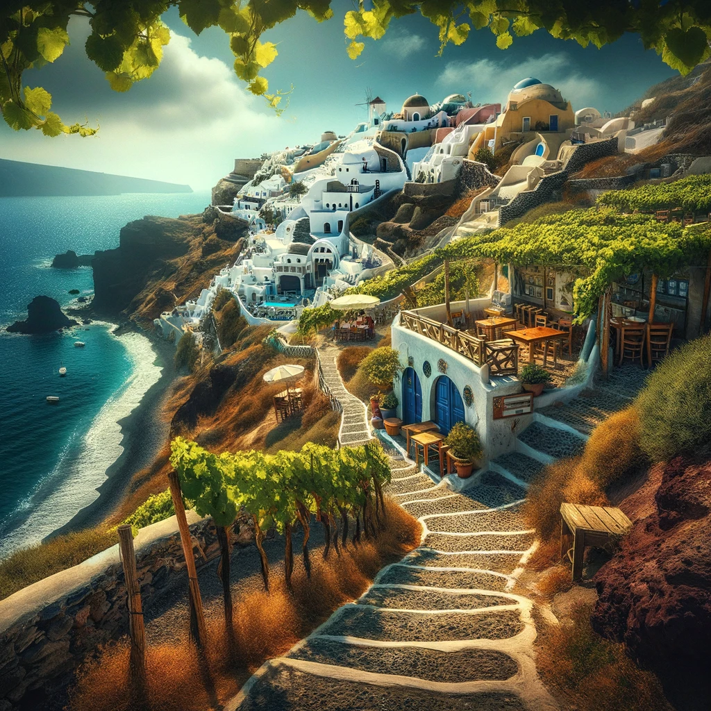 DALL·E 2024 03 21 17.20.34 A captivating image that reveals Santorinis hidden treasures away from the cruise ship routes. This scene takes us to a secluded part of the island