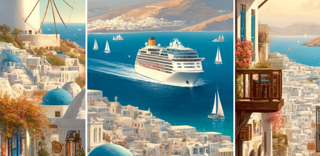 DALL·E 2024 04 04 15.40.15 Create three images inspired by Mykonos Greece. For two of these images include a luxurious cruise ship docked near the island integrating seamless