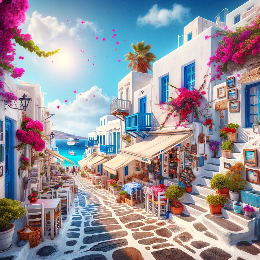 DALL·E 2024 04 04 15.41.15 Create a photo realistic image capturing the vibrant and picturesque essence of Mykonos Greece. The scene should showcase the iconic elements of Myko