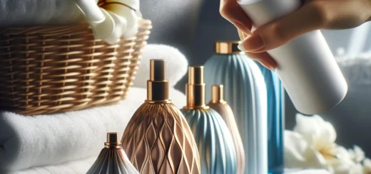 DALL·E 2024 04 19 14.10.50 A close up view of various high end laundry perfume bottles on a shelf emphasizing the luxury and scent focused nature of these products. The bottles