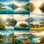 DALL·E 2024 04 25 17.33.46 A scenic collage of beautiful lakes in Austrias states featuring iconic lakes such as Woerthersee in Carinthia Neusiedler See in Burgenland and Att
