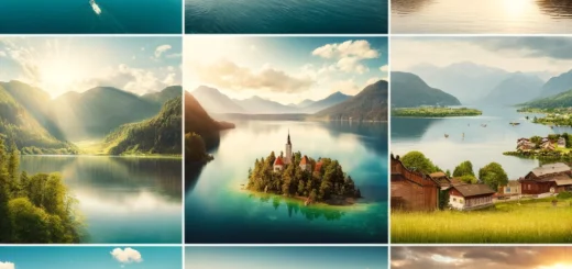 DALL·E 2024 04 25 17.33.46 A scenic collage of beautiful lakes in Austrias states featuring iconic lakes such as Woerthersee in Carinthia Neusiedler See in Burgenland and Att