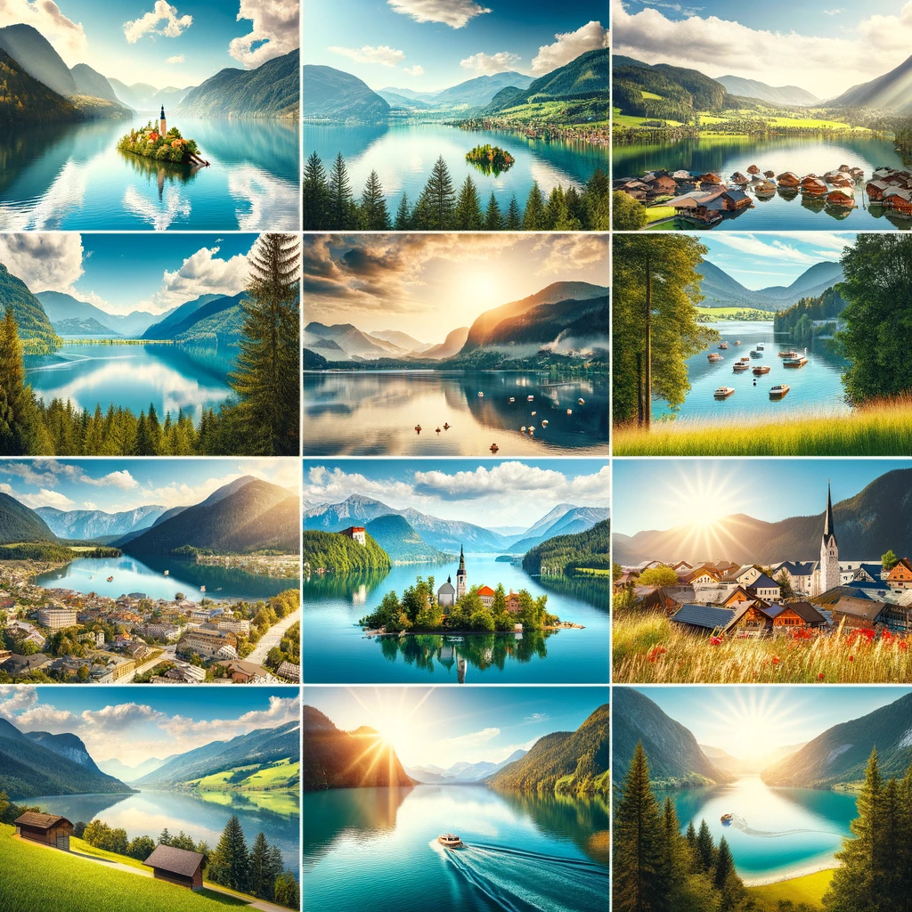 DALL·E 2024 04 25 17.33.49 A scenic collage of beautiful lakes in Austrias states featuring iconic lakes such as Woerthersee in Carinthia Neusiedler See in Burgenland and Att