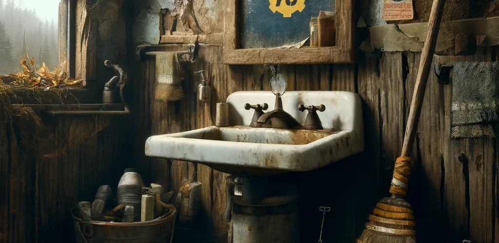 DALL·E 2024 05 09 15.29.54 A rustic post apocalyptic bathroom inspired by Fallout 76 with a handmade broom leaning against the sink surrounded by makeshift grooming items like