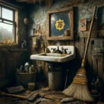 DALL·E 2024 05 09 15.29.54 A rustic post apocalyptic bathroom inspired by Fallout 76 with a handmade broom leaning against the sink surrounded by makeshift grooming items like