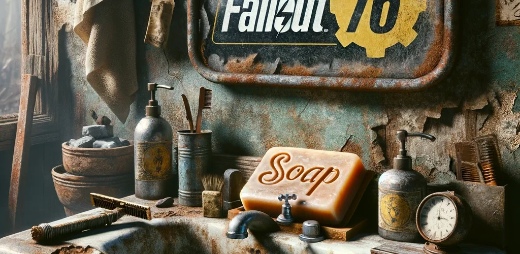 DALL·E 2024 05 09 15.29.57 A rustic post apocalyptic bathroom inspired by Fallout 76 with a handmade soap bar on the sink surrounded by makeshift grooming items like a rusty r