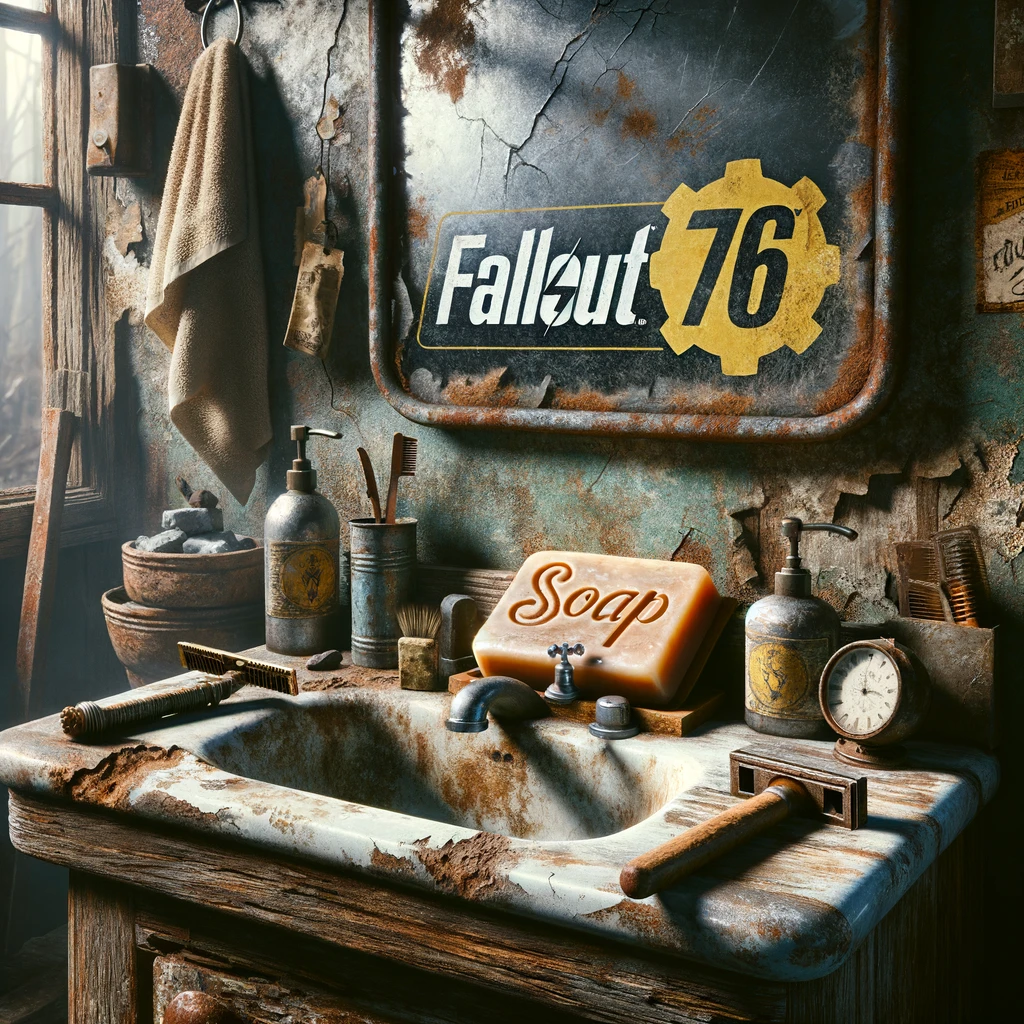 DALL·E 2024 05 09 15.29.57 A rustic post apocalyptic bathroom inspired by Fallout 76 with a handmade soap bar on the sink surrounded by makeshift grooming items like a rusty r